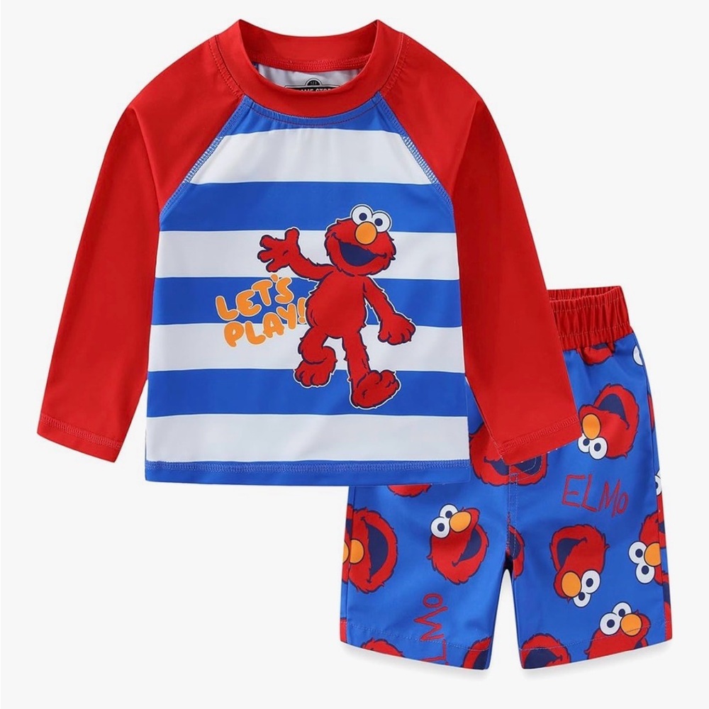 Sesame Street Elmo Toddler Boys UPF 50+ Rash Guard and Swim Trunks 3T NWT